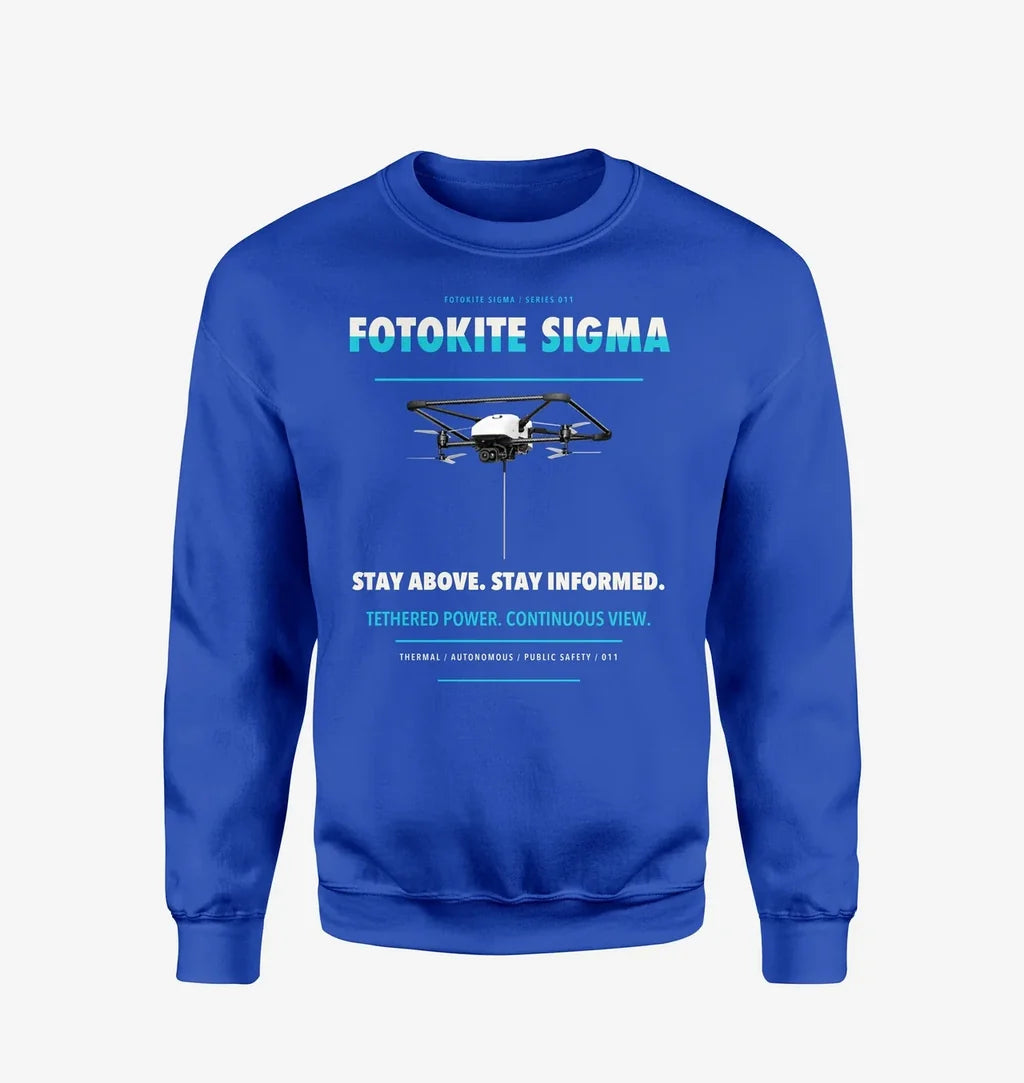 Fotokite Sigma design on blue sweatshirt