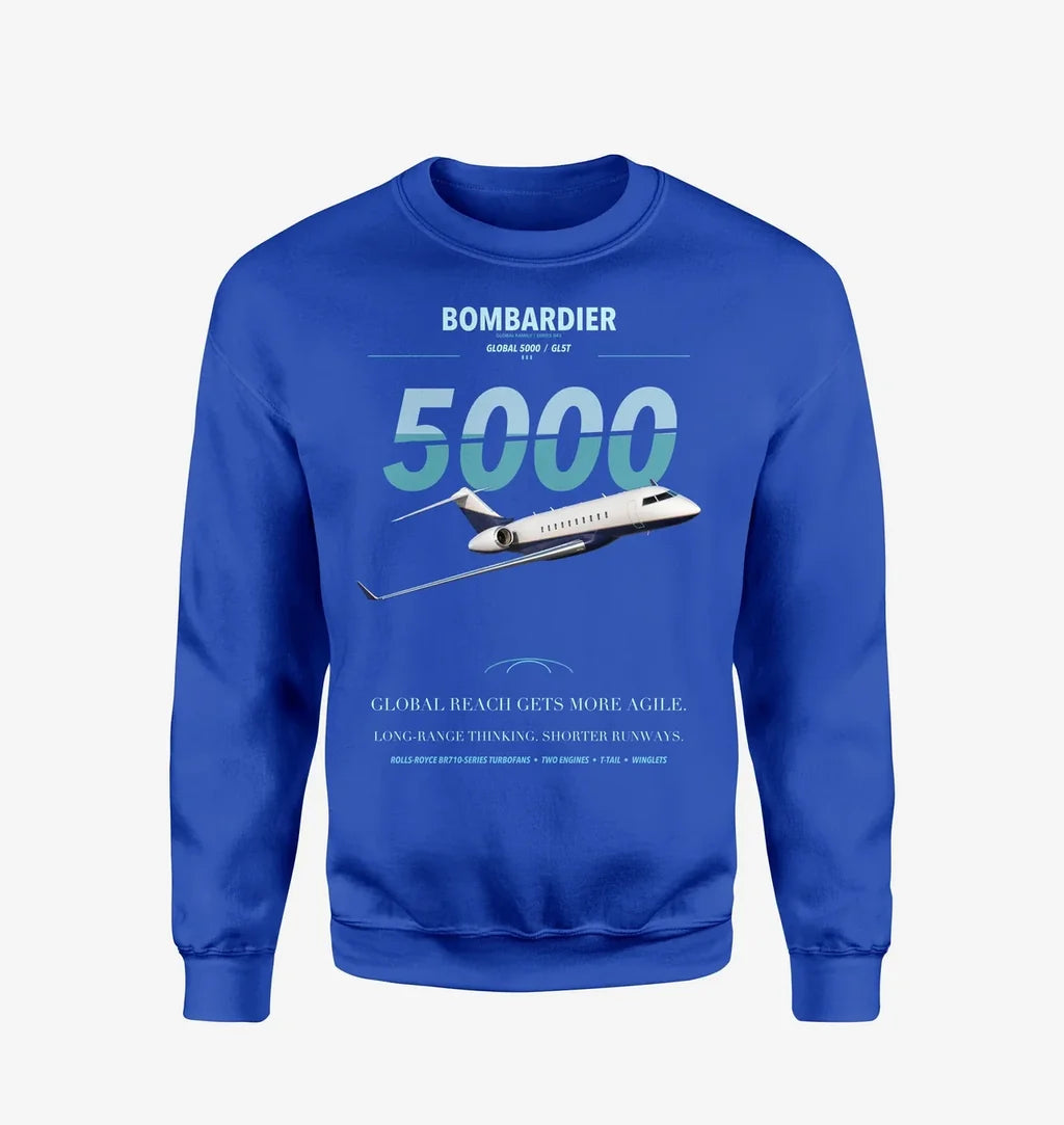 Bombardier Global 5000 design on blue sweatshirt