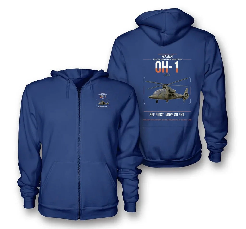 Kawasaki OH-1 design on blue premium zipped hoodie, double-side print