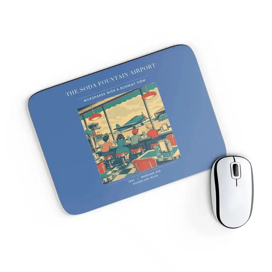 VINTAGE G4247 - The Soda Fountain Airport - Designed Mouse Pads design on blue rectangle