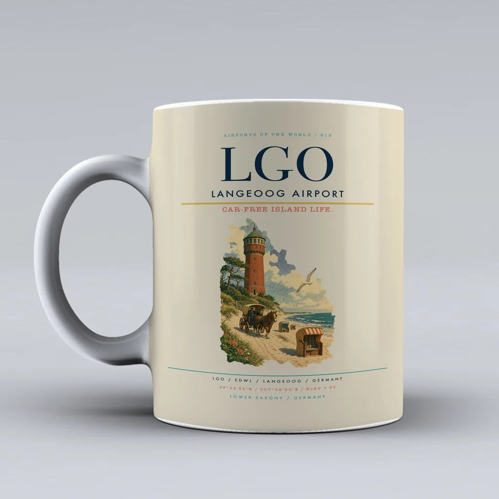 Langeoog Airport (LGO) airport code design on beige ceramic mug