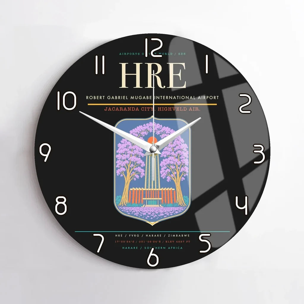Robert Gabriel Mugabe International Airport (HRE) design on black no frame wall clock