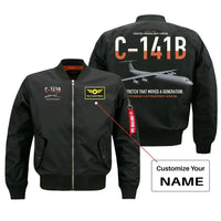 Thumbnail for C-141B Starlifter design on black+name bomber jacket, double-side print