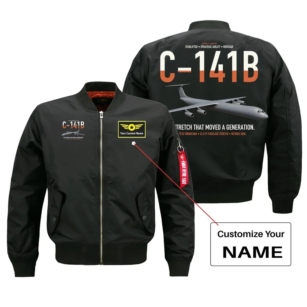 C-141B Starlifter design on black+name bomber jacket, double-side print