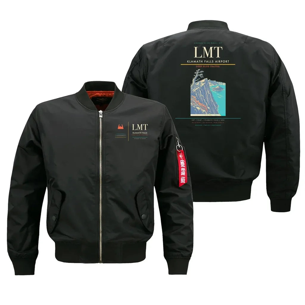Klamath Falls Airport (LMT) design on black bomber jacket