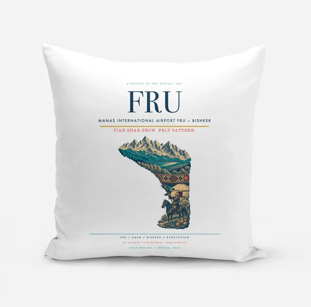 Manas International Airport (FRU) design on white pillow