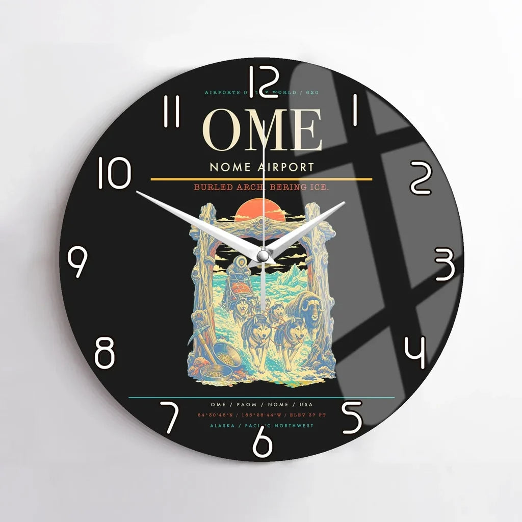 Nome Airport (OME) design on black no frame wall clock