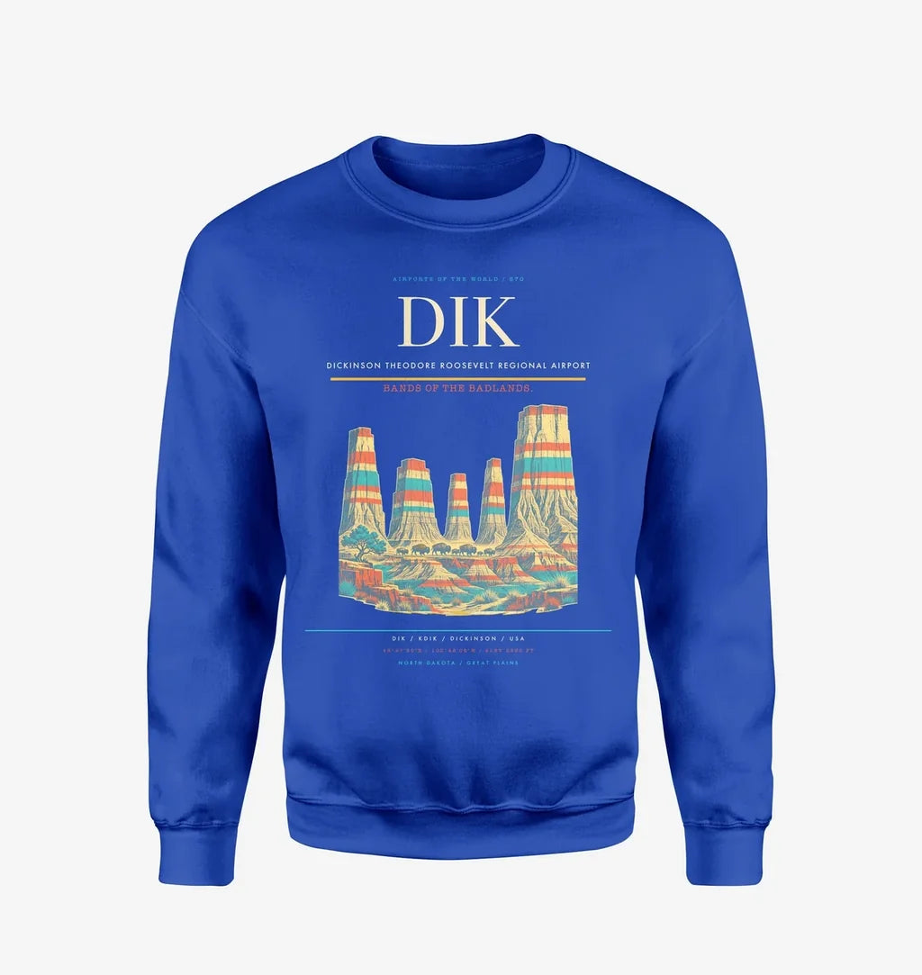 Dickinson Theodore Roosevelt Regional Airport (DIK) design on blue sweatshirt