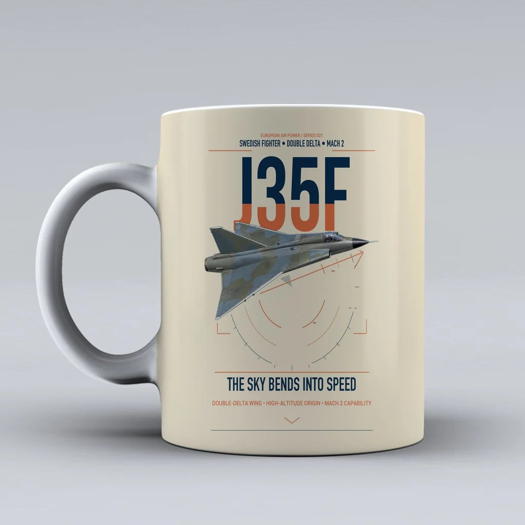 Saab J 35F Draken design on beige ceramic mug, double-side print