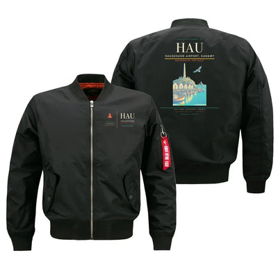 Haugesund Airport, Karmøy (HAU) design on black bomber jacket