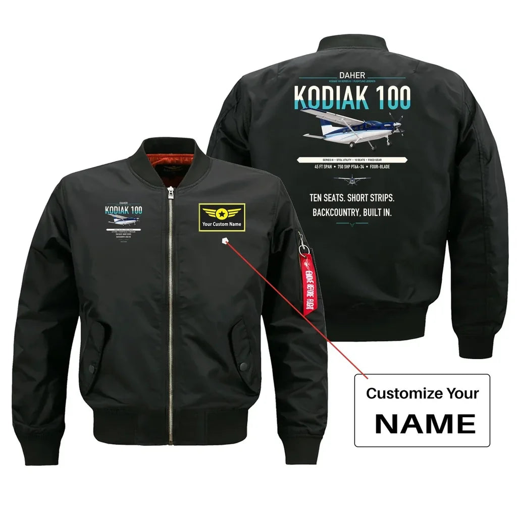 Daher Kodiak 100 Series III design on black+name bomber jacket, double-side print