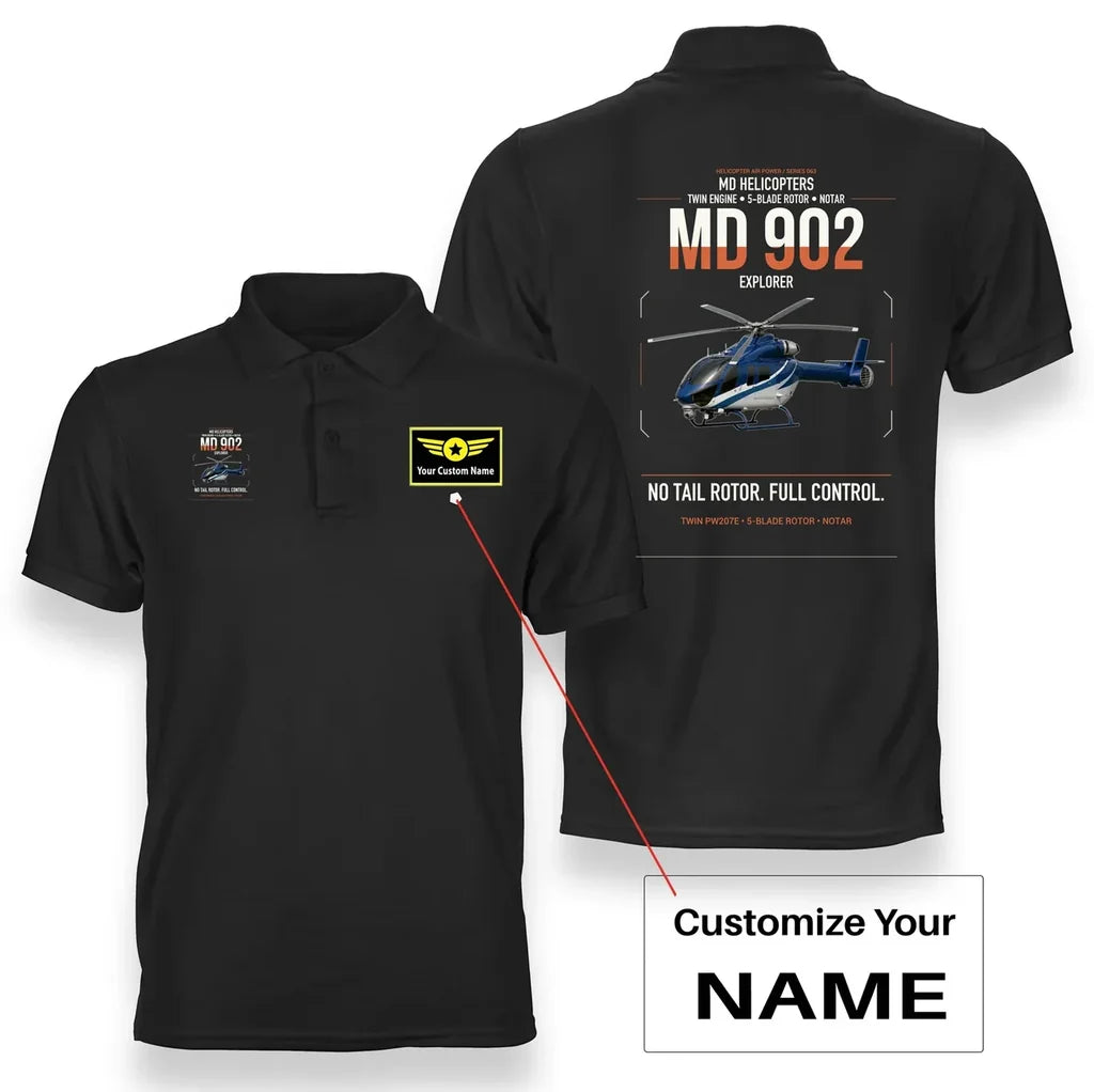 MD Helicopters MD 902 Explorer design on black+name double-side polo t-shirt, double-side print
