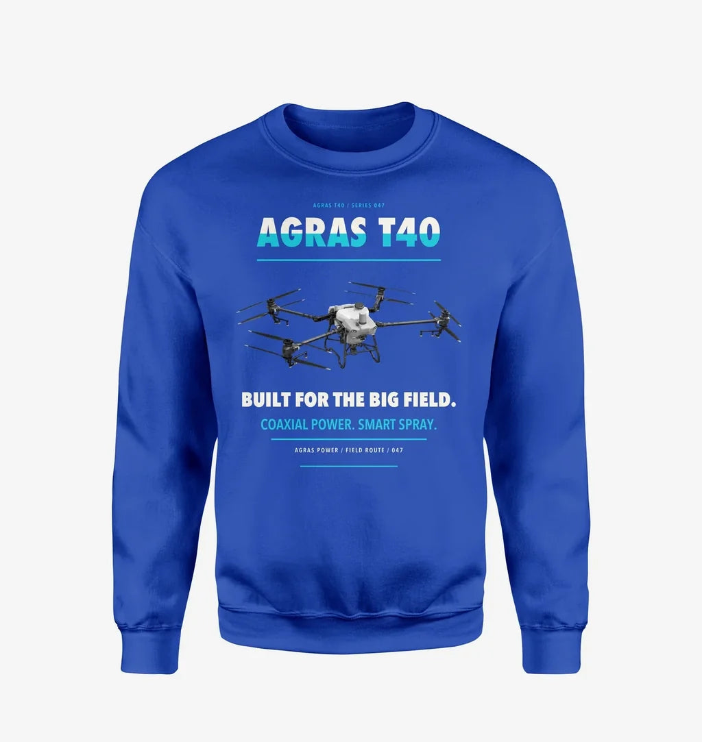 DJI Agras T40 design on blue sweatshirt