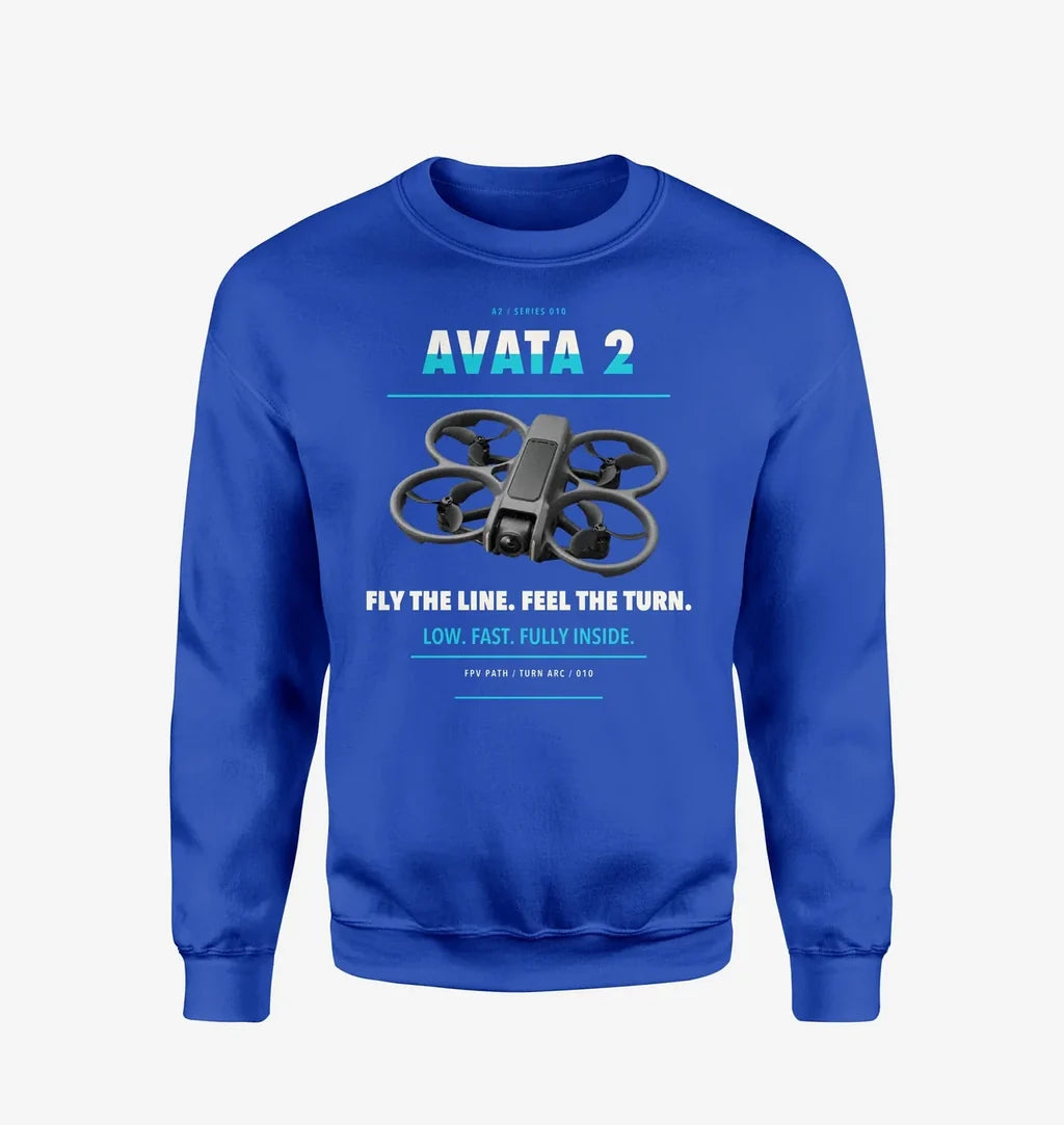 DJI Avata 2 design on blue sweatshirt