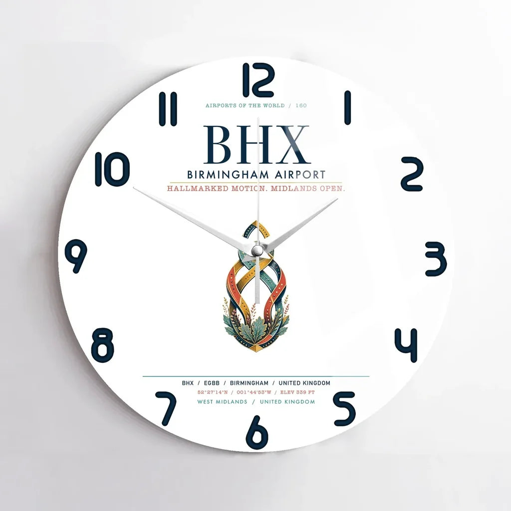 Birmingham Airport (BHX) design on white no frame wall clock