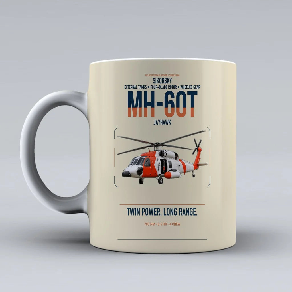 Sikorsky MH-60T Jayhawk design on beige ceramic mug, double-side print