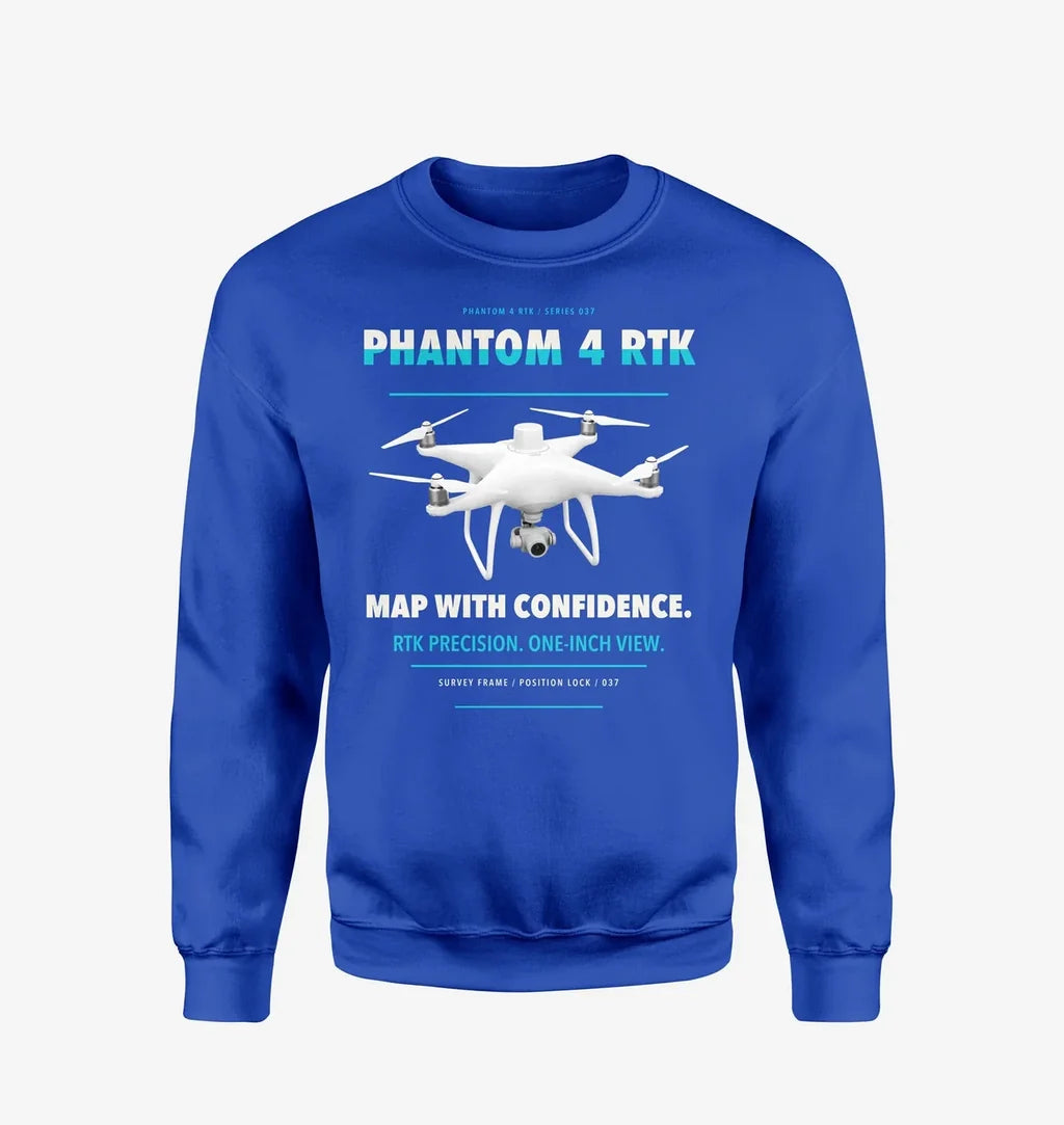 DJI Phantom 4 RTK design on blue sweatshirt