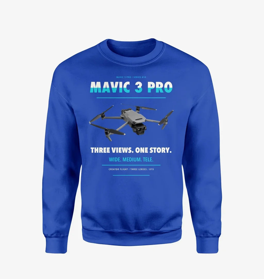 DJI Mavic 3 Pro design on blue sweatshirt