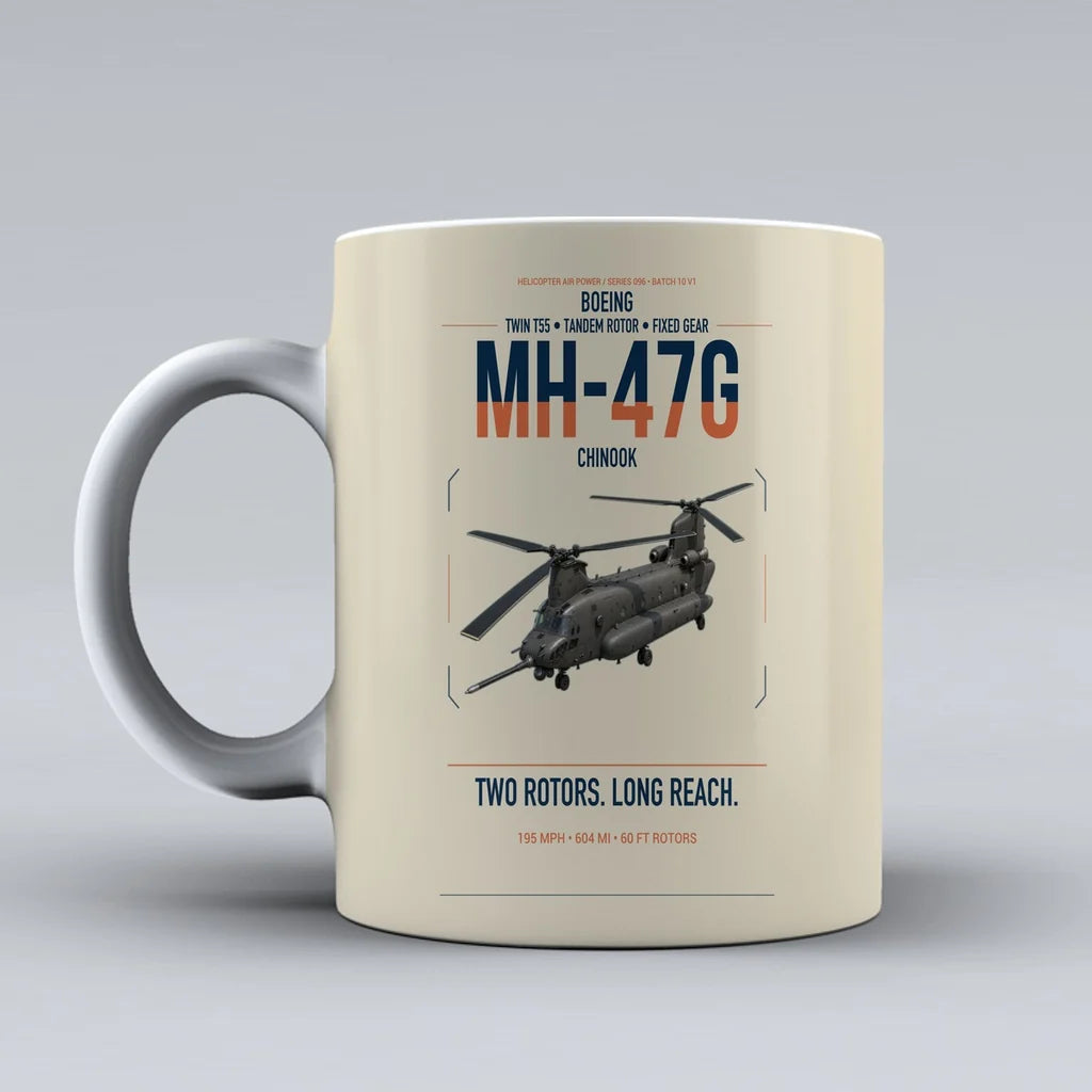 Boeing MH-47G Chinook design on beige ceramic mug, double-side print