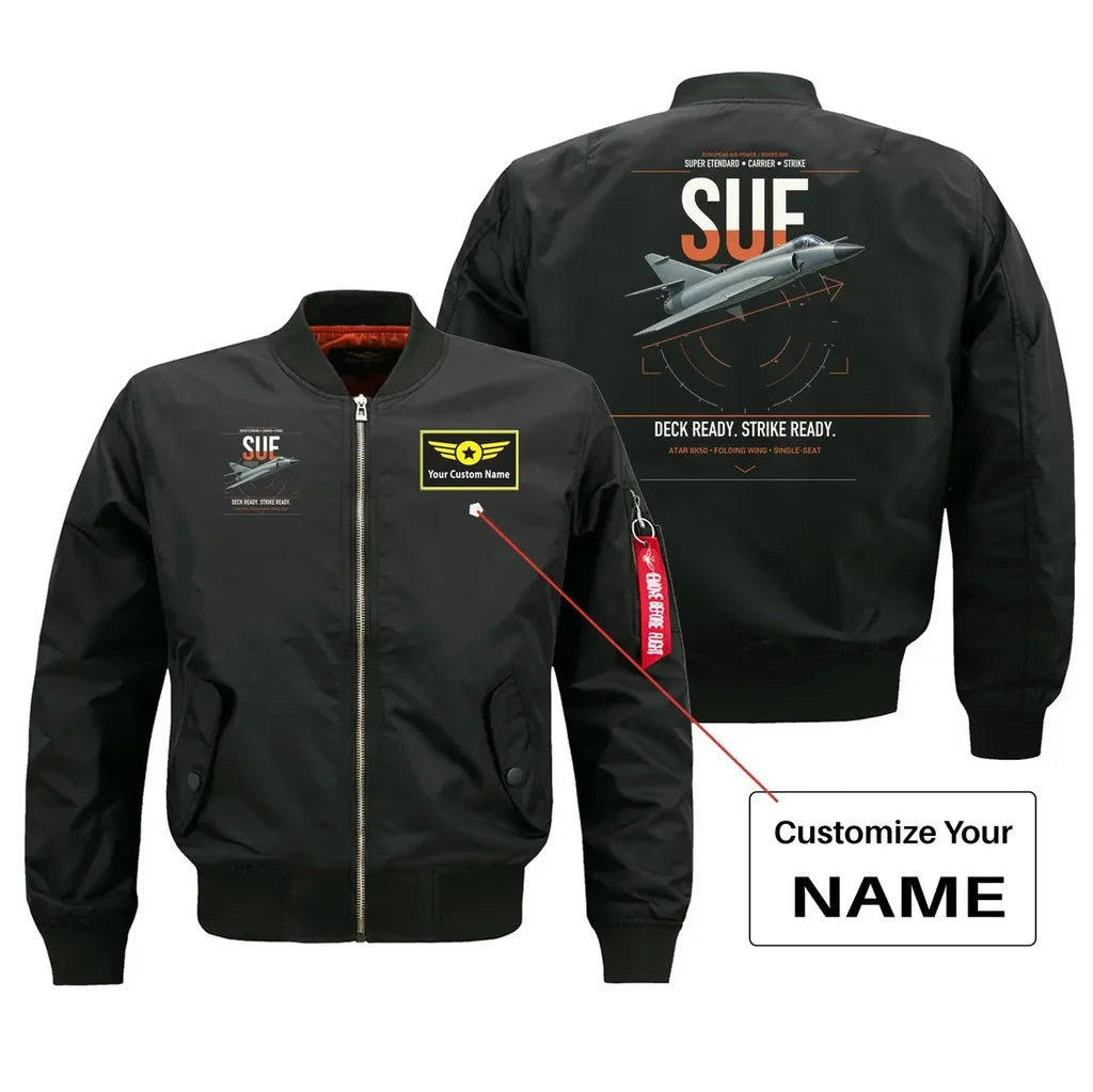 Dassault Super Étendard design on black+name bomber jacket, double-side print