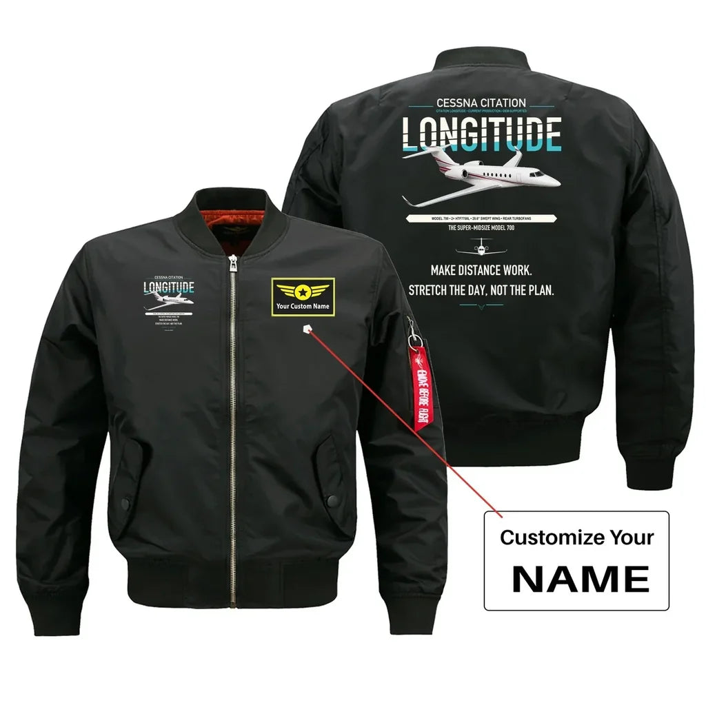 Cessna Citation Longitude design on black+name bomber jacket, double-side print
