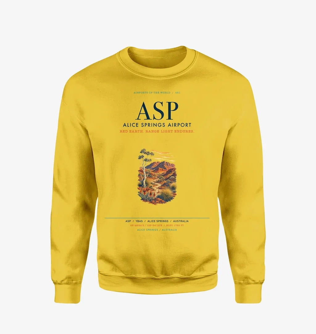 Alice Springs Airport (ASP) design on yellow sweatshirt