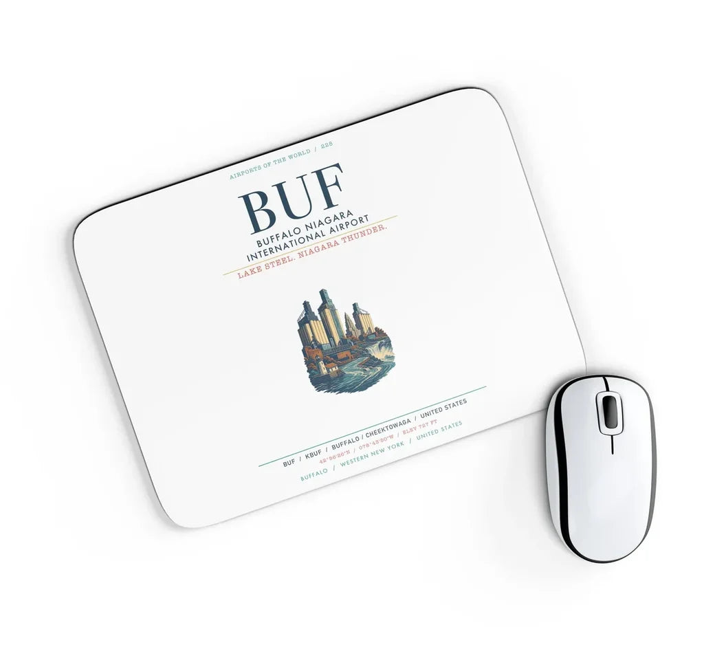 Buffalo Niagara International Airport (BUF) design on white rectangle mouse pad