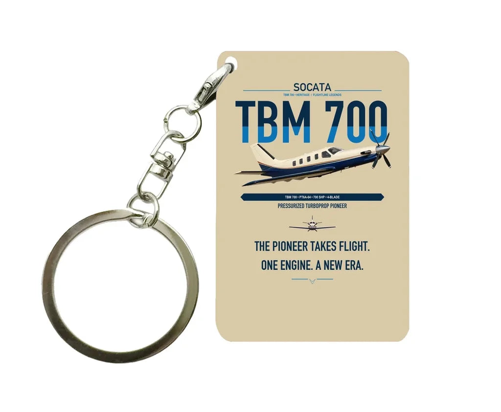 Socata TBM 700 design on beige designed key chain, double-side print