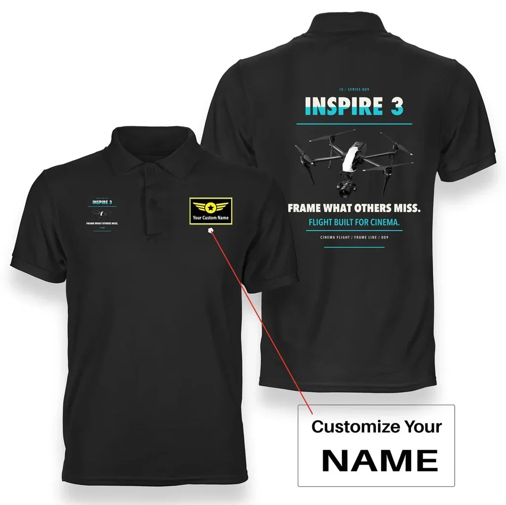 DJI Inspire 3 design on black polo with custom name badge