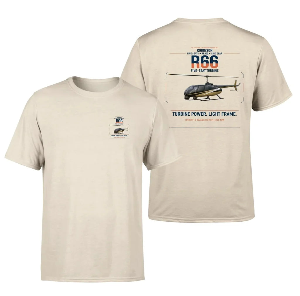 Robinson R66 design on beige t-shirt, double-side print