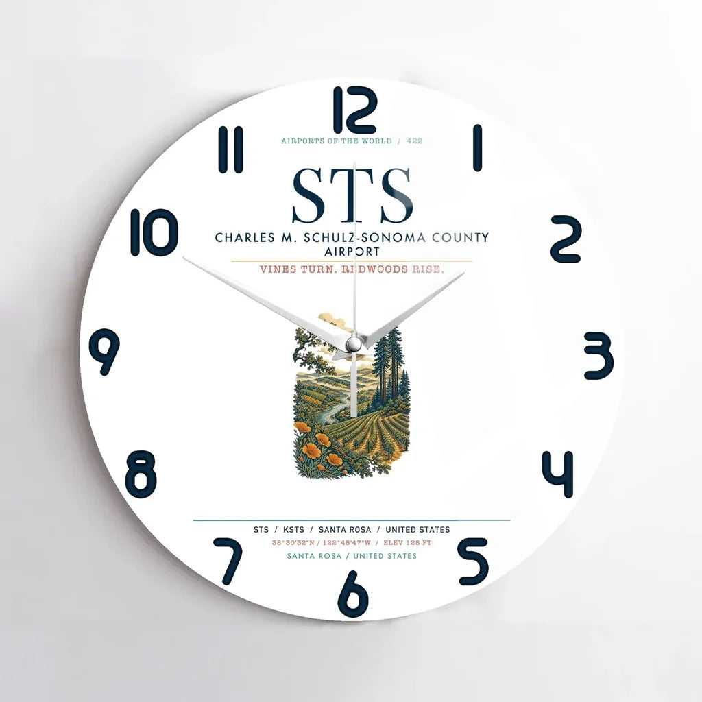 Charles M. Schulz–Sonoma County Airport Santa Rosa (STS) design on white no frame wall clock