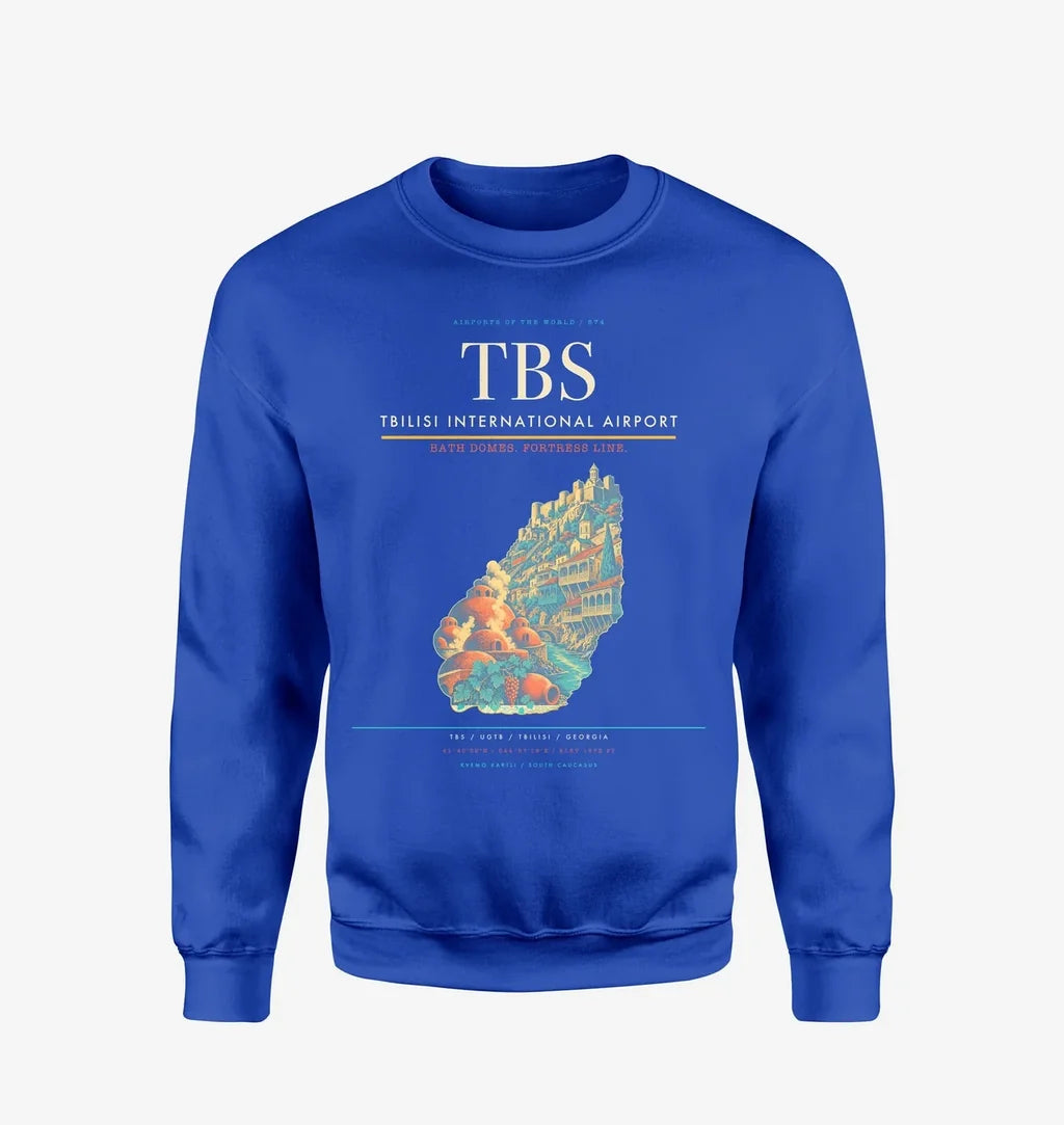 Tbilisi International Airport (TBS) design on blue sweatshirt