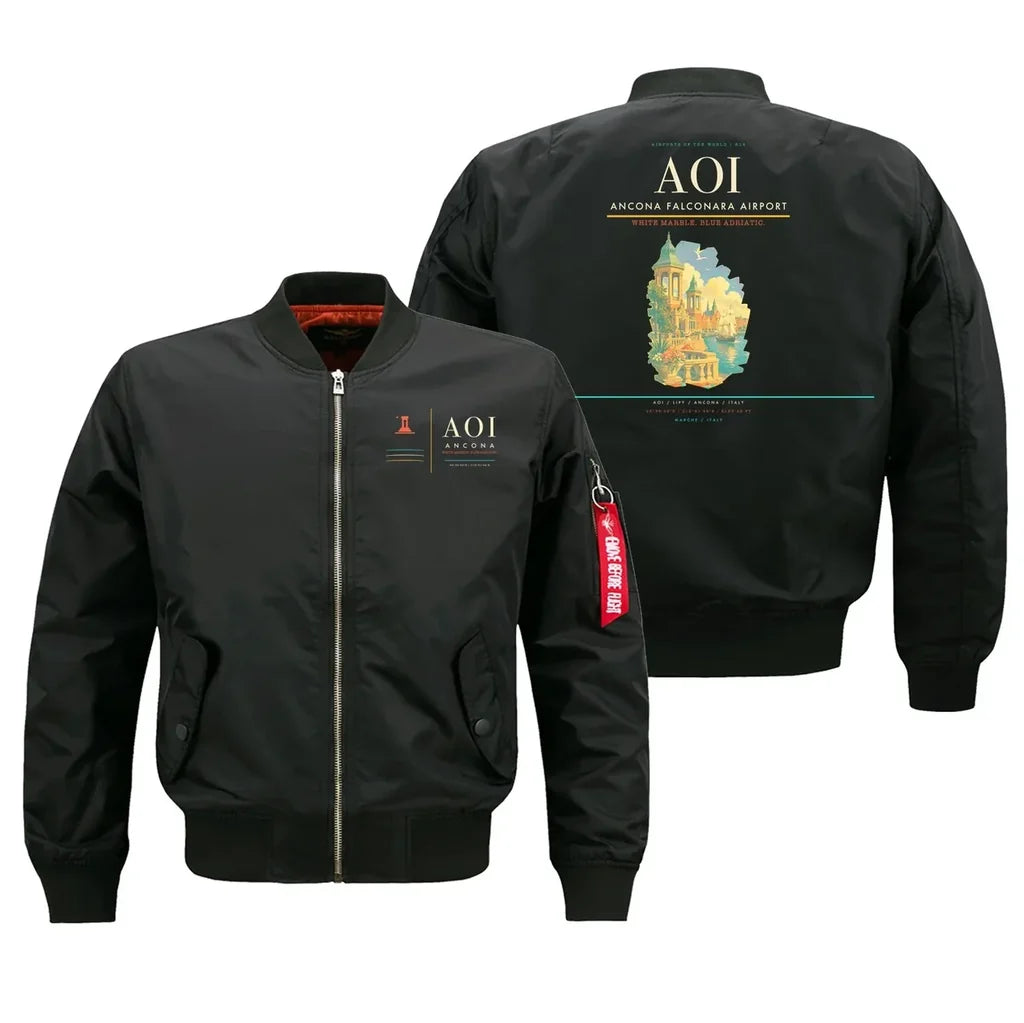Ancona Falconara Airport (AOI) design on black bomber jacket