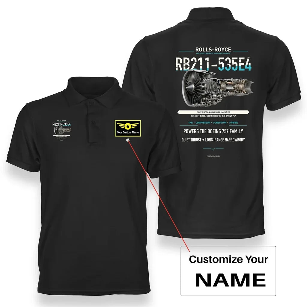 RB211-535E4 design on black polo with custom name badge