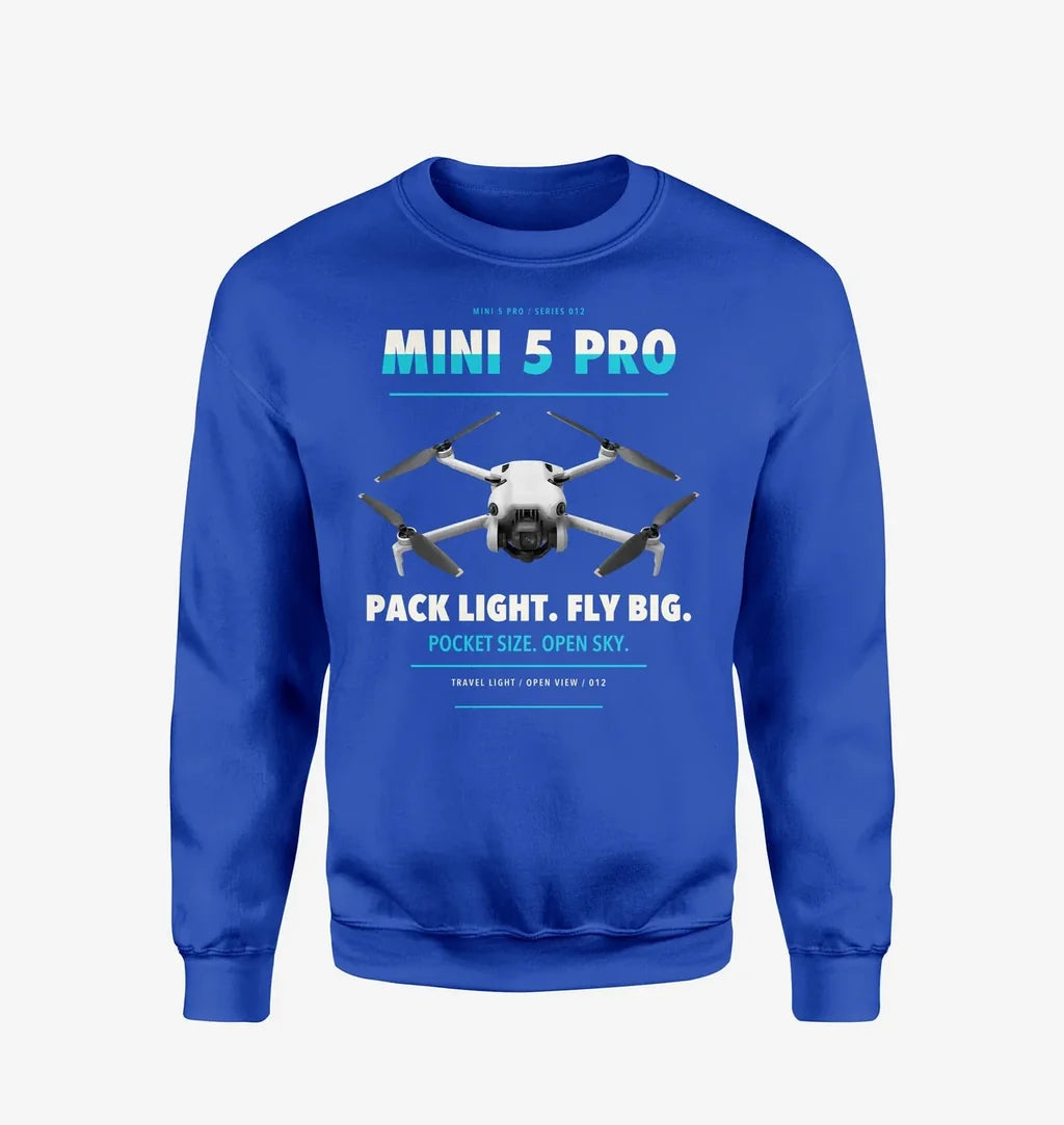 DJI Mini 5 Pro design on blue sweatshirt