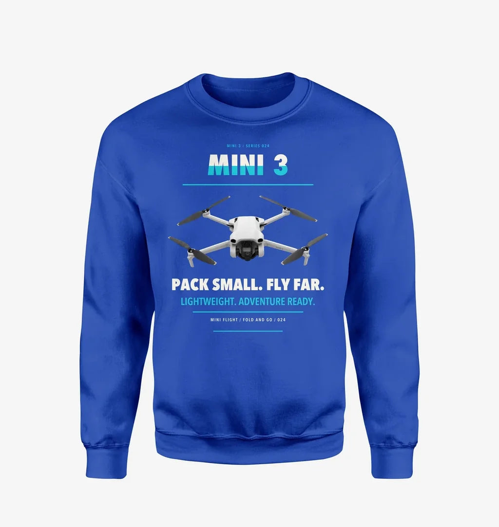DJI Mini 3 design on blue sweatshirt