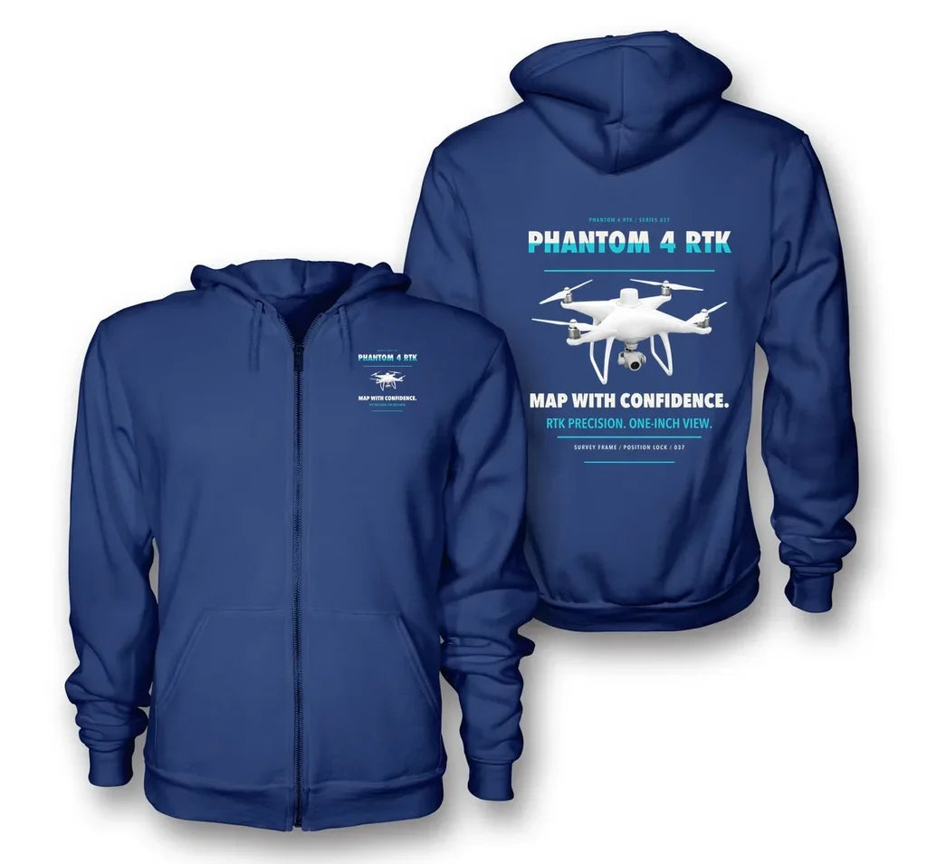 DJI Phantom 4 RTK design on blue zipped hoodie