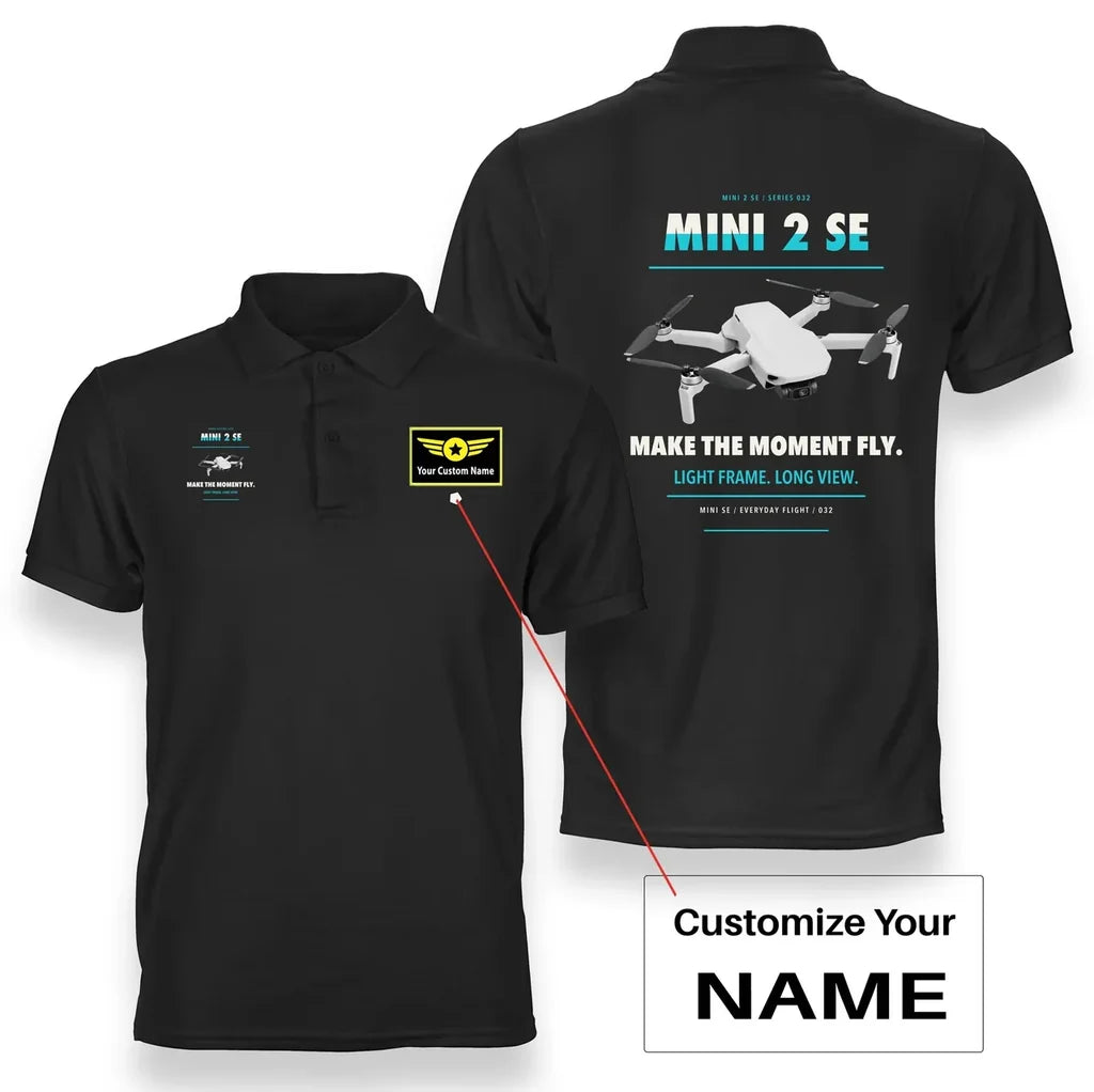 DJI Mini 2 SE design on black polo with custom name badge
