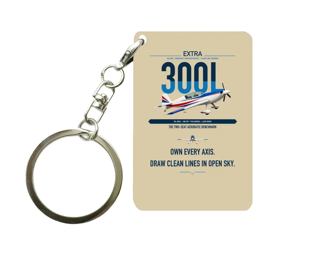 Extra 300L design on beige designed key chain, double-side print