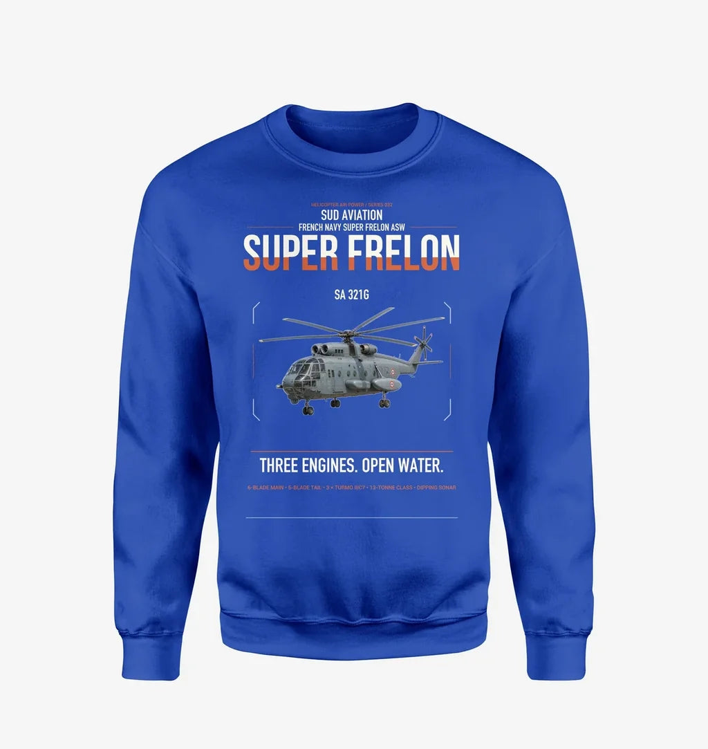 Sud Aviation SA 321G Super Frelon design on blue sweatshirt