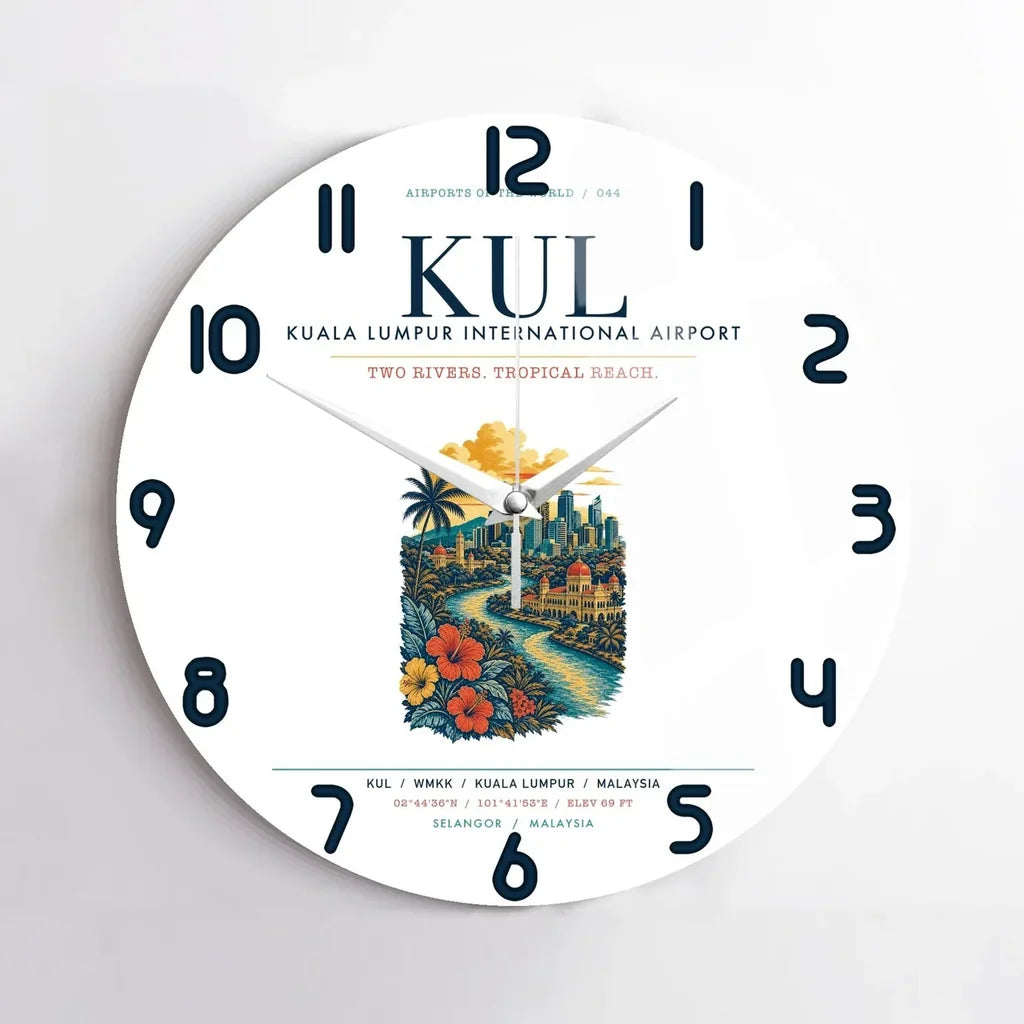 Kuala Lumpur International Airport (KUL) design on white no frame wall clock