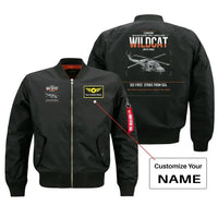 Thumbnail for Leonardo AW159 Wildcat HMA2 design on black+name bomber jacket, double-side print