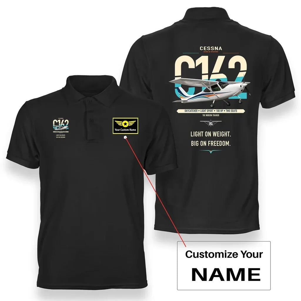 Cessna 162 Skycatcher design on black+name double-side polo t-shirt, double-side print