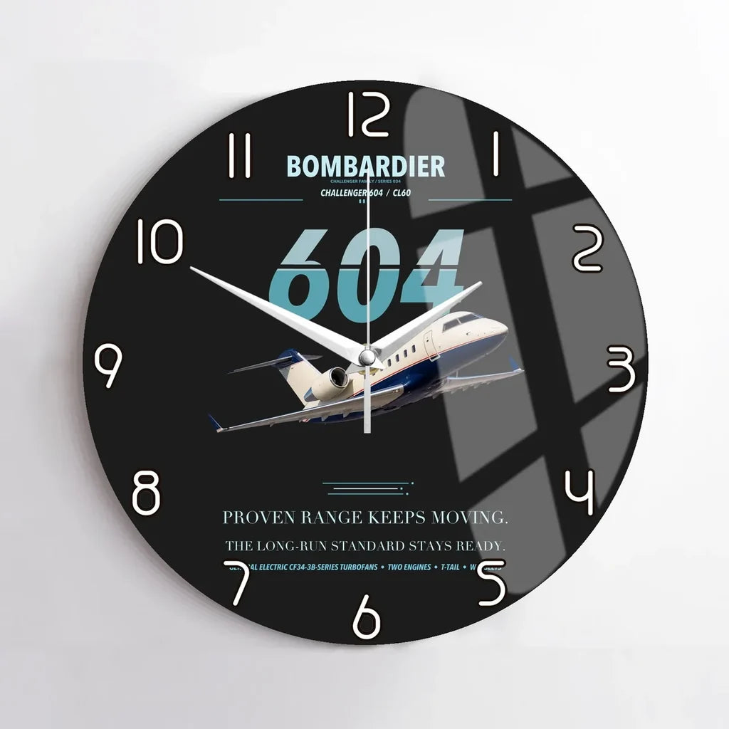 Bombardier Challenger 604 design on black no frame wall clock