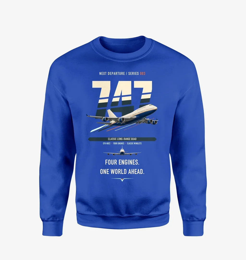 Boeing 747-400 design on blue sweatshirt
