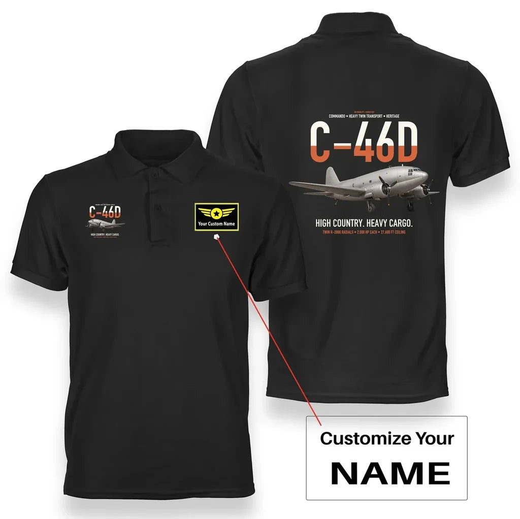 C-46D Commando design on black+name double-side polo t-shirt, double-side print