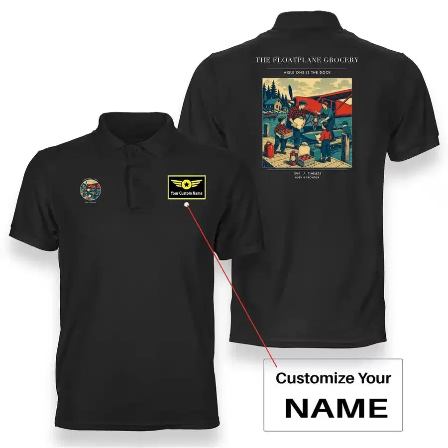 VINTAGE G4286 - The Floatplane Grocery - Double-Side Polo T-Shirt design on black+name