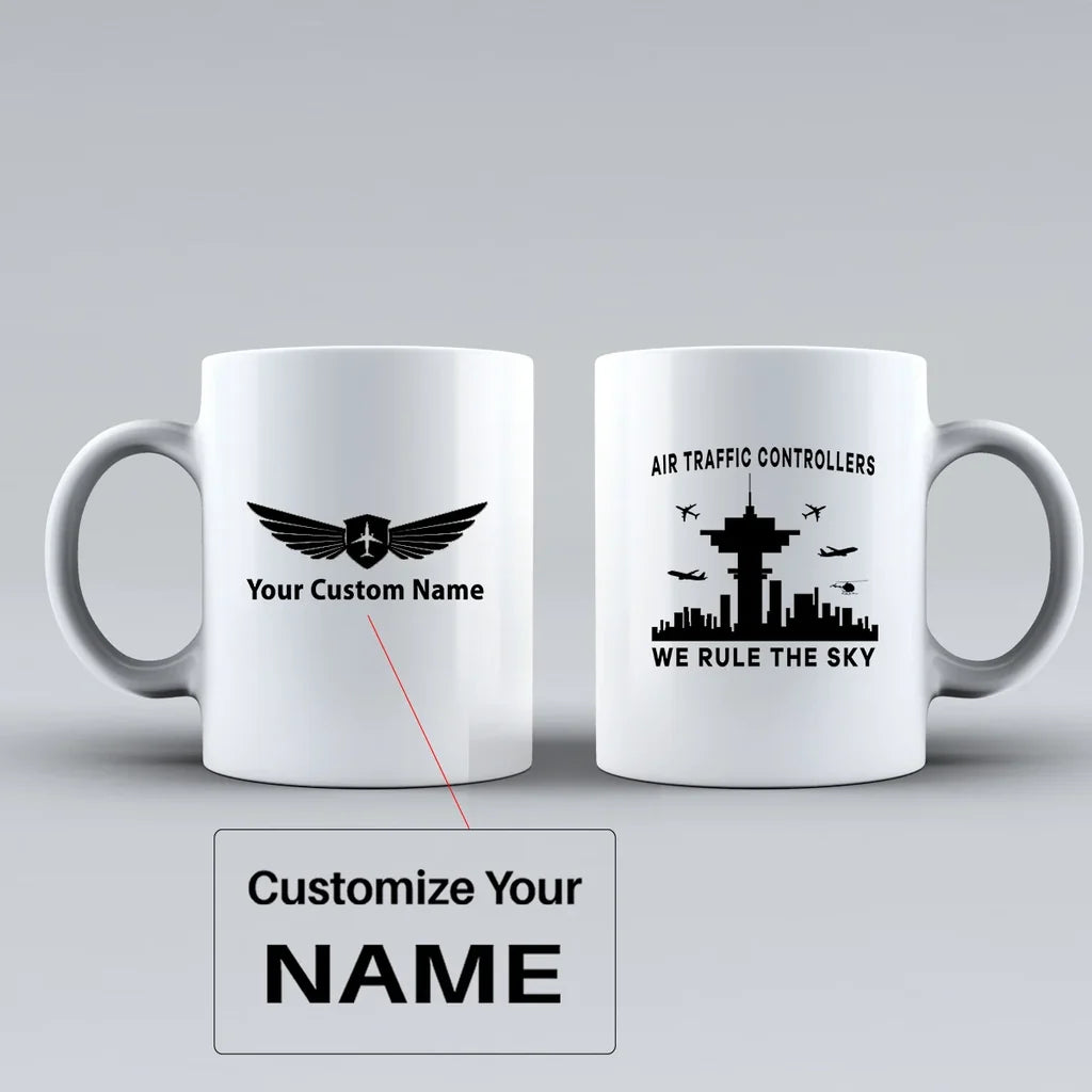Air Traffic Controllers - We Rule The Sky Ceramic White aviation design on ceramic mug, premium ceramic with glazed finish.