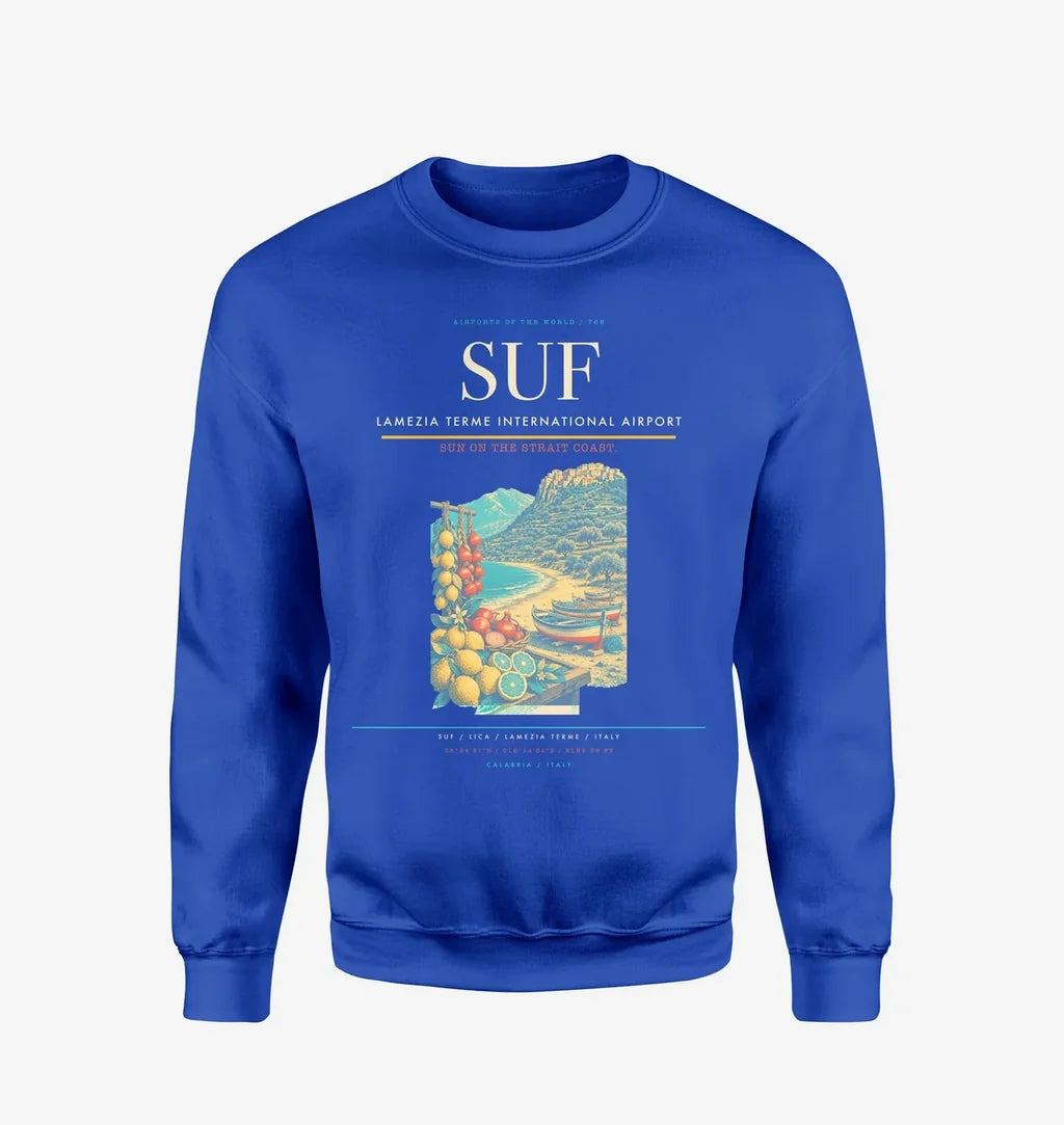 Lamezia Terme International Airport (SUF) design on blue sweatshirt