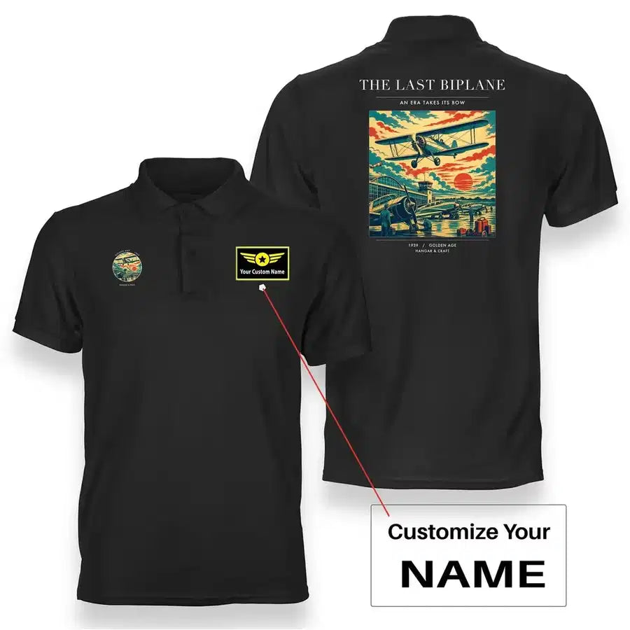 VINTAGE G4054 - The Last Biplane - Double-Side Polo T-Shirt design on black+name